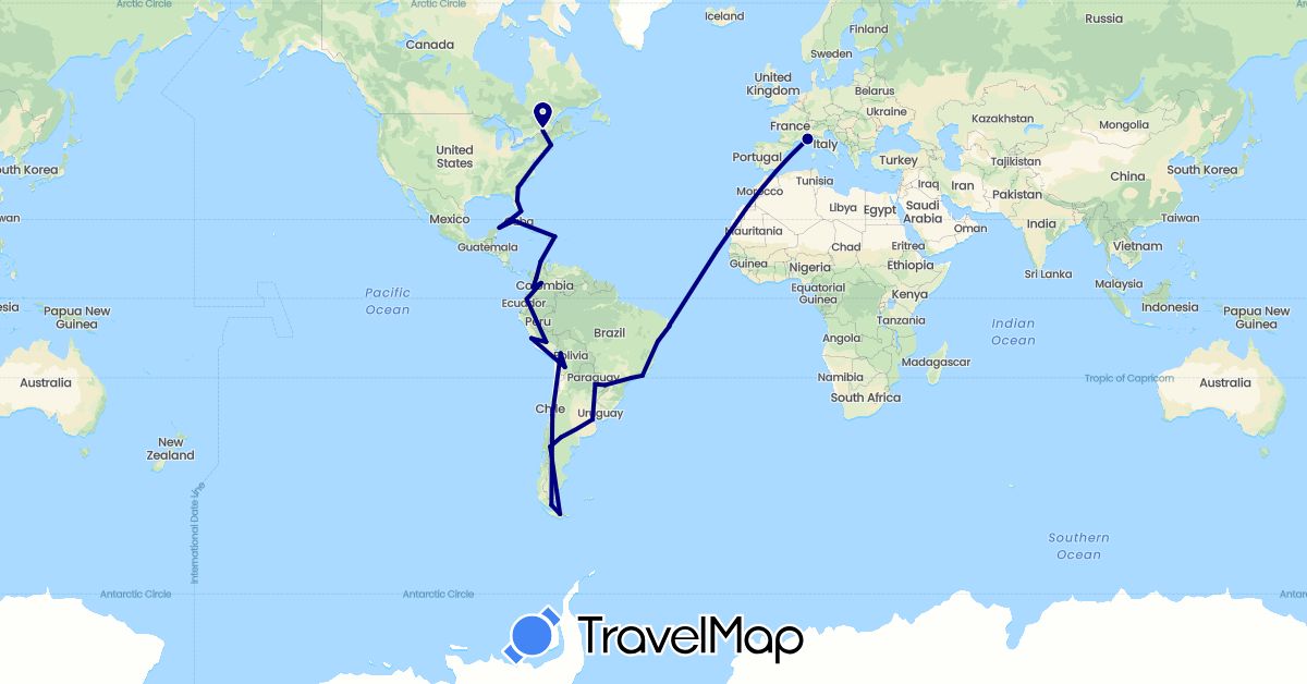 TravelMap itinerary: driving in Argentina, Bolivia, Brazil, Canada, Chile, Colombia, Cuba, Dominican Republic, Ecuador, France, Mexico, Peru, Paraguay, United States (Europe, North America, South America)